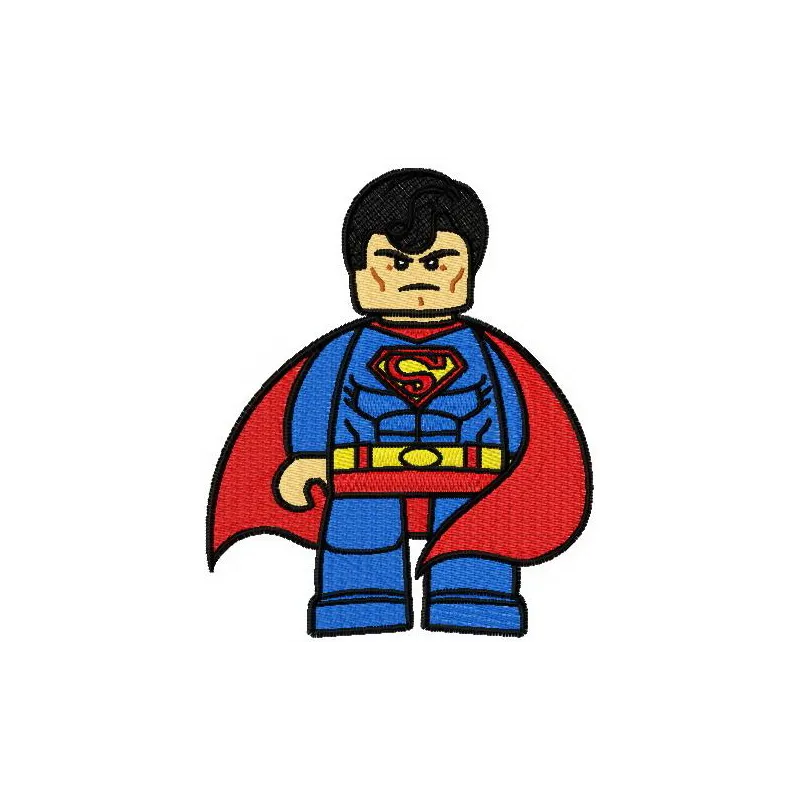 Lego Superman embroidery design showcasing a playful stitched motif for creative projects like t-shirts or tote bags.