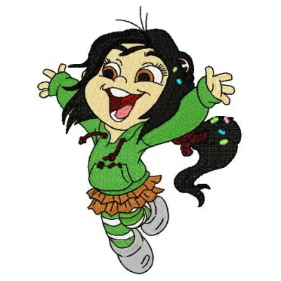 Happy Vanellope embroidery design featuring a cheerful character from Wreck-It Ralph, ideal for various stitching projects.