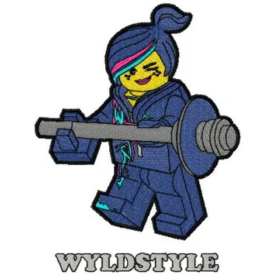 Wyldstyle embroidery design featuring vibrant colors and intricate details for Lego-themed projects.