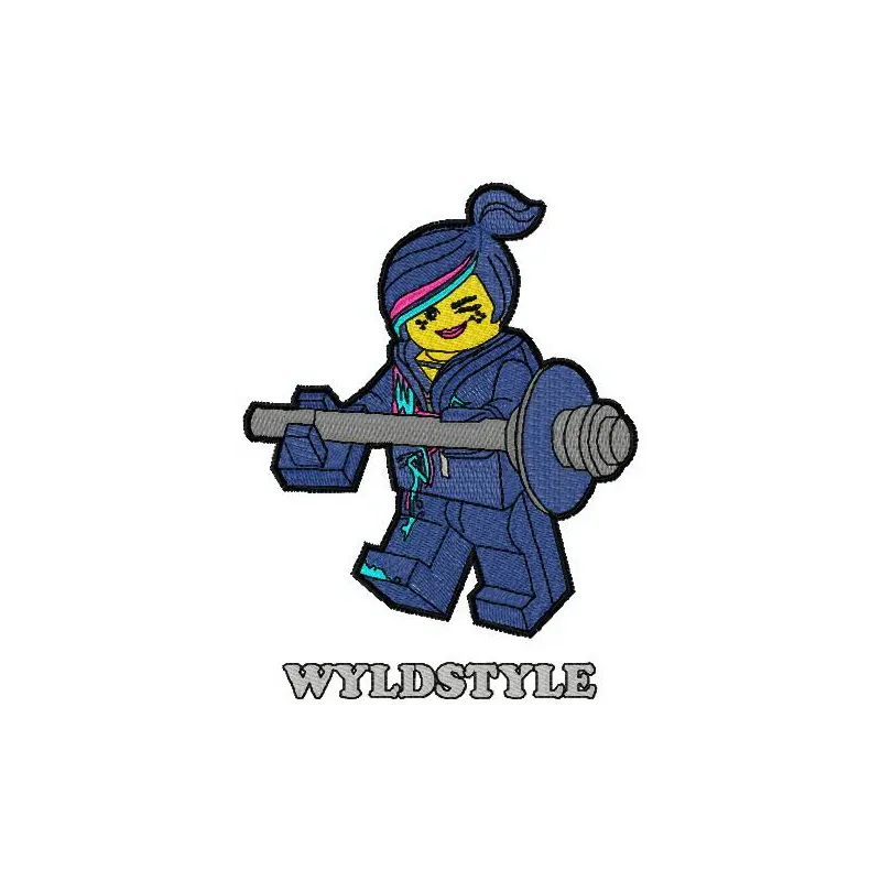 Wyldstyle embroidery design featuring vibrant colors and intricate details for Lego-themed projects.