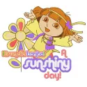 Dora sunshiny day embroidery design featuring Dora exploring under a bright sun, perfect for kids' apparel.