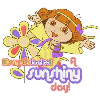 Dora sunshiny day embroidery design featuring Dora exploring under a bright sun, perfect for kids' apparel.