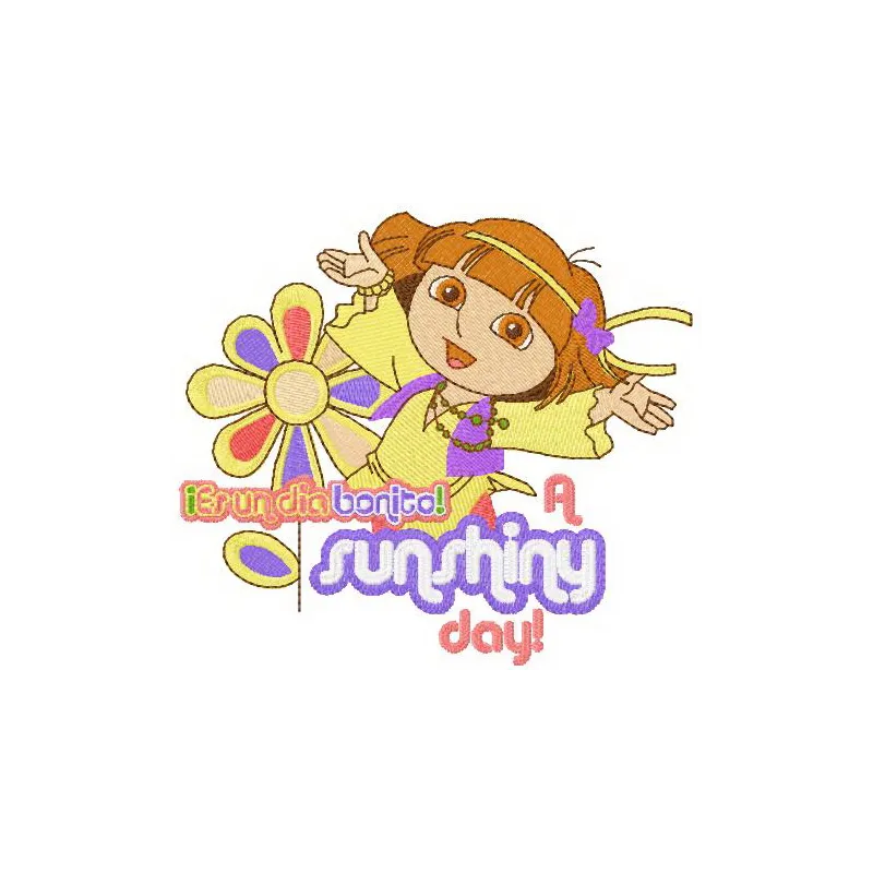 Dora sunshiny day embroidery design featuring Dora exploring under a bright sun, perfect for kids' apparel.