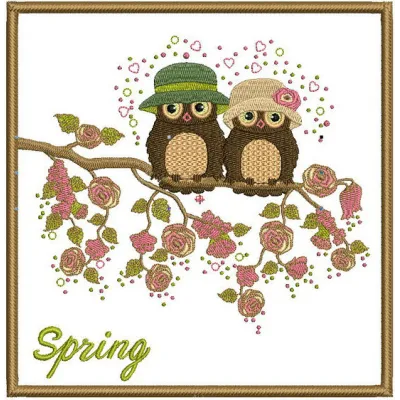 Preview of the Branching Out in Spring embroidery design featuring charming owls and floral elements.