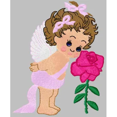 Embroidery design of a baby angel holding a flower, perfect for creating charming baby onesies or pillows.