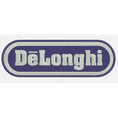 DeLonghi logo embroidery design showcased on a dark fabric, ideal for stitching on apparel and accessories.