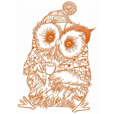 Granny owl with coffee embroidery design showcasing a whimsical owl holding a coffee cup, perfect for cozy projects.