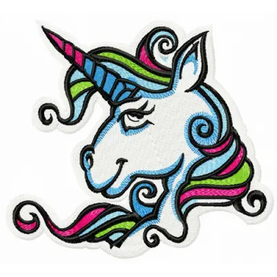Unicorn embroidery design featuring a vibrant mane, perfect for creating whimsical stitched motifs.
