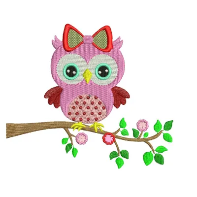 Spring baby owl embroidery design showcasing a cute owl perched on a branch, perfect for baby garments and gifts.