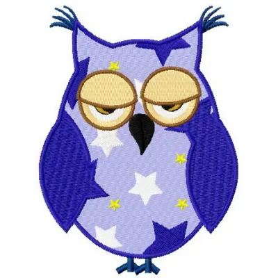 Star owl embroidery design showcasing a whimsical owl with stars, ideal for stitching on t-shirts or tote bags.