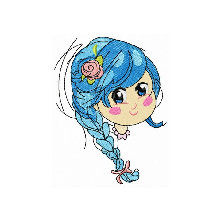 Teen with blue pigtail embroidery design - Embroidery Design