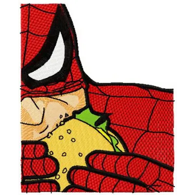 Spiderman embroidery design featuring a playful motif of Spiderman enjoying a burger, perfect for t-shirts or hoodies.