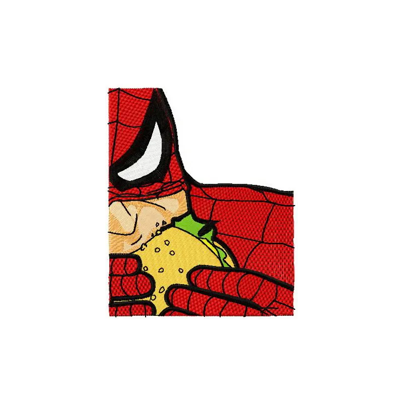 Spiderman embroidery design featuring a playful motif of Spiderman enjoying a burger, perfect for t-shirts or hoodies.