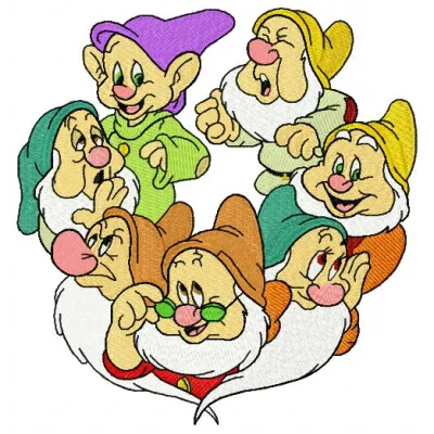 Preview of a Seven Dwarfs embroidery design featuring charming characters for creative stitching projects.