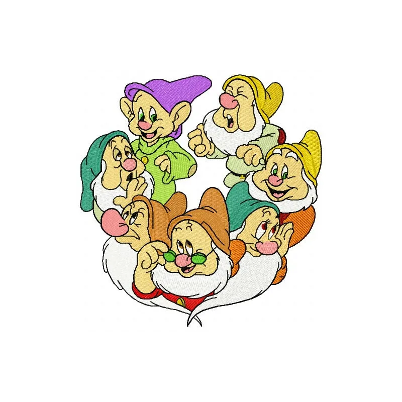 Preview of a Seven Dwarfs embroidery design featuring charming characters for creative stitching projects.