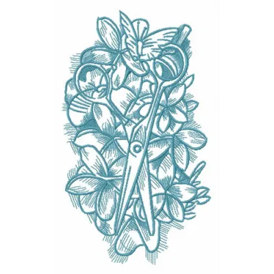 Embroidery design featuring a spring composition with scissors, perfect for crafting and stitching projects.