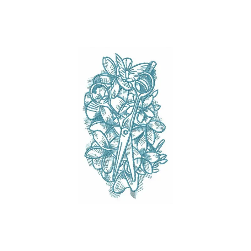 Embroidery design featuring a spring composition with scissors, perfect for crafting and stitching projects.
