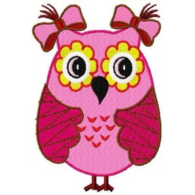 Preview of a charming pink owl embroidery design, showcasing intricate stitching details for creative projects.