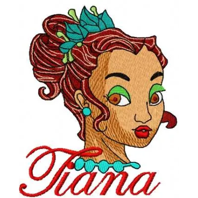 Tiana 5 embroidery design inspired by Princess and the Frog, showcasing a vibrant stitched motif for creative projects.