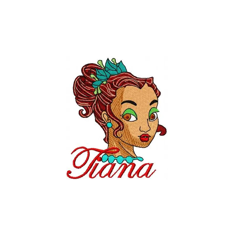Tiana 5 embroidery design inspired by Princess and the Frog, showcasing a vibrant stitched motif for creative projects.