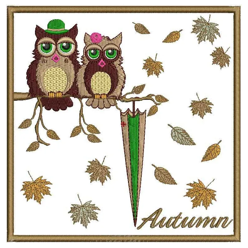 Autumn owls 2 embroidery design featuring whimsical owl motifs for creative stitching projects.