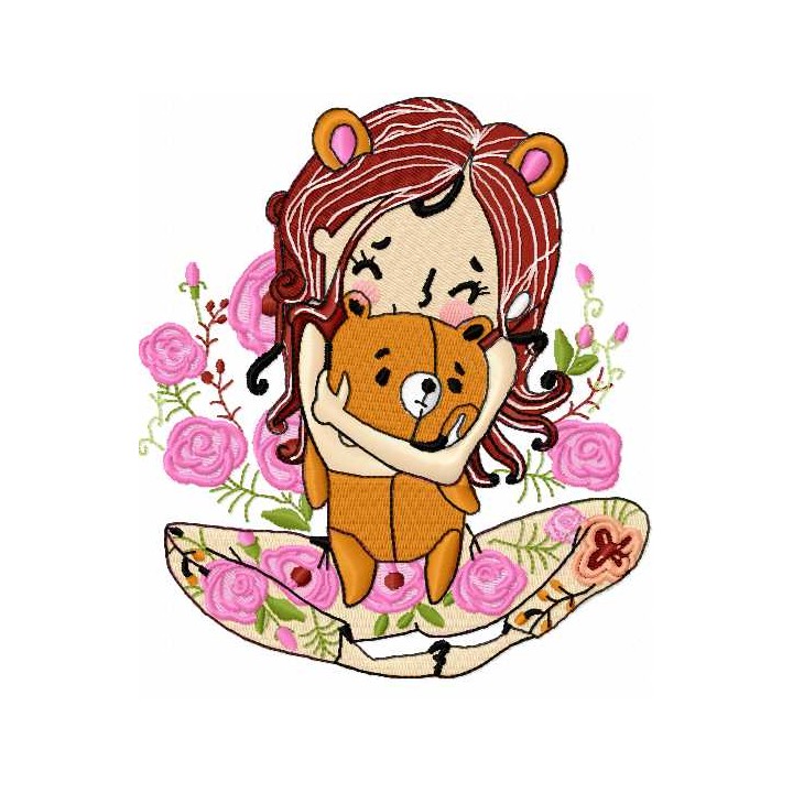 Cute girl and teddy bear embroidery design - Embroidery Design