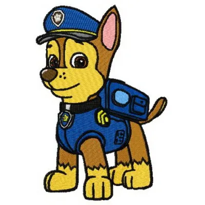 Chase embroidery design featuring a playful character from Paw Patrol, ideal for stitching on various fabric items.