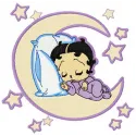 Embroidery design of Betty Boop peacefully sleeping on a crescent moon, showcasing a whimsical stitching pattern.