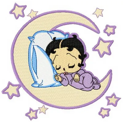 Embroidery design of Betty Boop peacefully sleeping on a crescent moon, showcasing a whimsical stitching pattern.