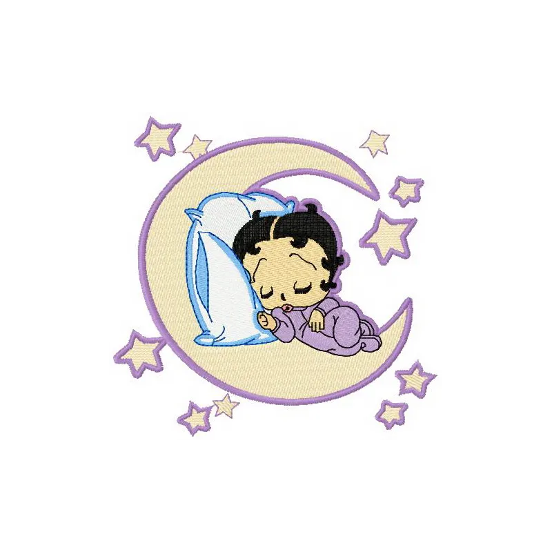 Embroidery design of Betty Boop peacefully sleeping on a crescent moon, showcasing a whimsical stitching pattern.