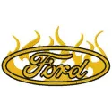 Preview of Ford flame logo embroidery design showcasing intricate stitching patterns for various items.