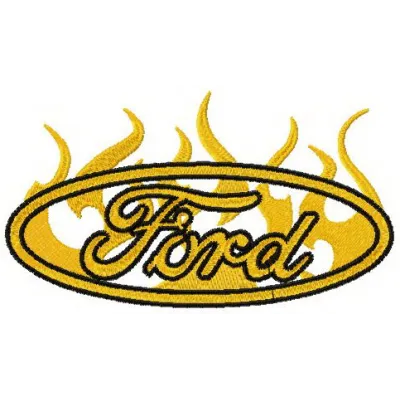 Preview of Ford flame logo embroidery design showcasing intricate stitching patterns for various items.