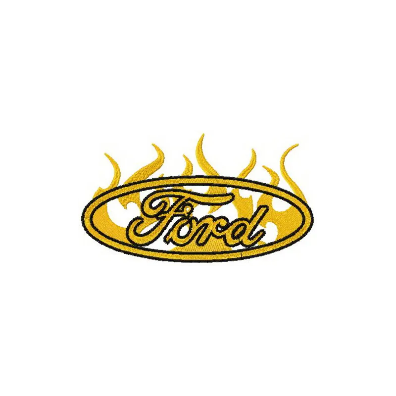 Preview of Ford flame logo embroidery design showcasing intricate stitching patterns for various items.