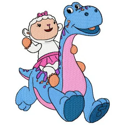Lambie from Doc McStuffins riding a dinosaur in a whimsical embroidery design for playful stitching projects.