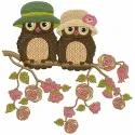 Spring owls embroidery design featuring whimsical owls, ideal for stitching on t-shirts and tote bags.