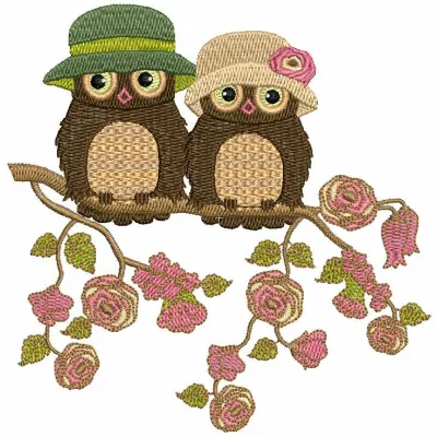Spring owls embroidery design featuring whimsical owls, ideal for stitching on t-shirts and tote bags.
