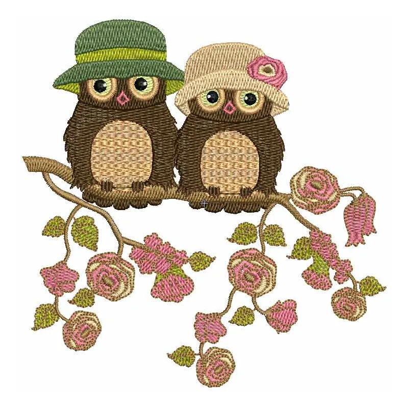 Spring owls embroidery design featuring whimsical owls, ideal for stitching on t-shirts and tote bags.