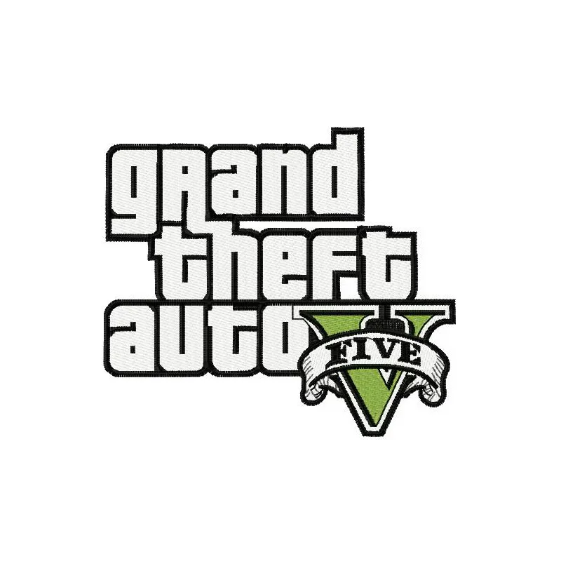 Grand Theft Auto V logo embroidery design showcased on fabric, perfect for gaming enthusiasts and creative projects.