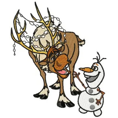 Sven and Olaf embroidery design featuring beloved characters from Frozen, ideal for stitching on t-shirts and hoodies.