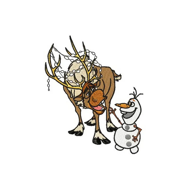Sven and Olaf embroidery design featuring beloved characters from Frozen, ideal for stitching on t-shirts and hoodies.