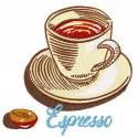 Espresso 2 embroidery design featuring a coffee cup and beans, perfect for stitching on kitchen towels or aprons.