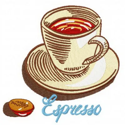 Espresso 2 embroidery design featuring a coffee cup and beans, perfect for stitching on kitchen towels or aprons.