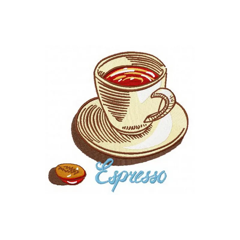 Espresso 2 embroidery design featuring a coffee cup and beans, perfect for stitching on kitchen towels or aprons.