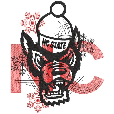 Embroidery design preview of NC State Wolfpack Christmas variant logo featuring vibrant colors and clean edges.