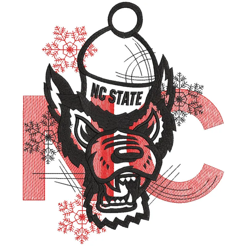 Embroidery design preview of NC State Wolfpack Christmas variant logo featuring vibrant colors and clean edges.