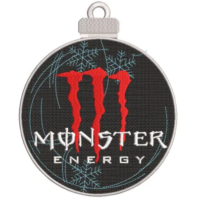 Embroidery design preview of a Monster Energy Christmas ball featuring vibrant colors and detailed stitching.