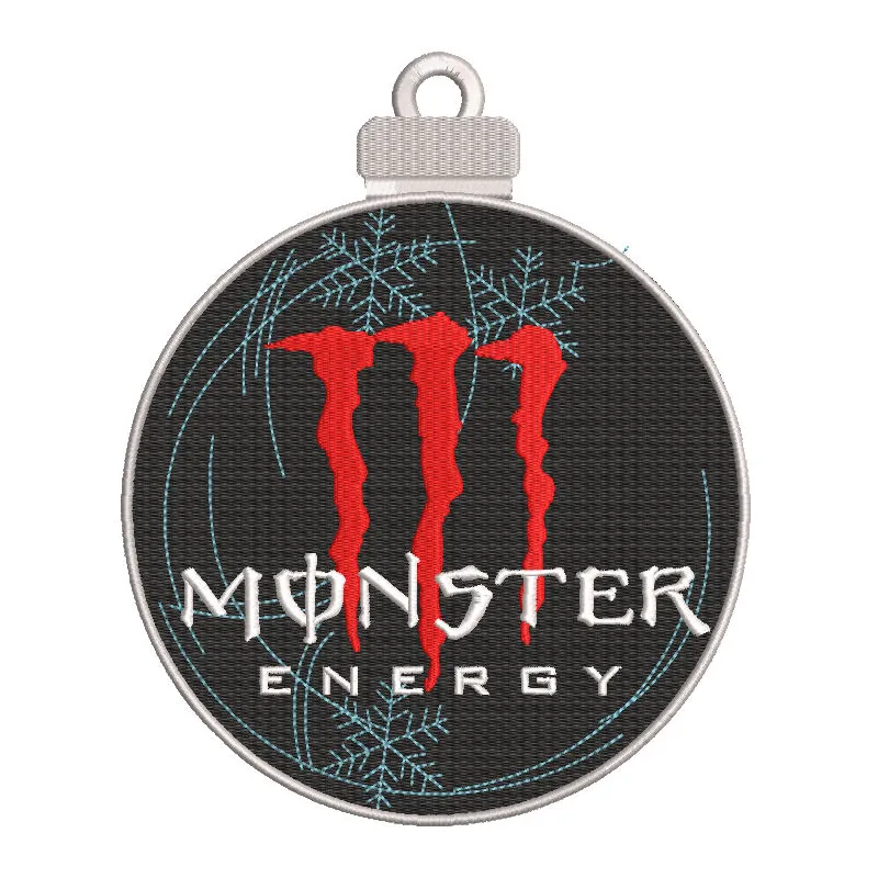 Embroidery design preview of a Monster Energy Christmas ball featuring vibrant colors and detailed stitching.