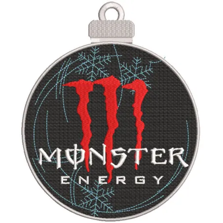 Embroidery design preview of a Monster Energy Christmas ball featuring vibrant colors and detailed stitching.