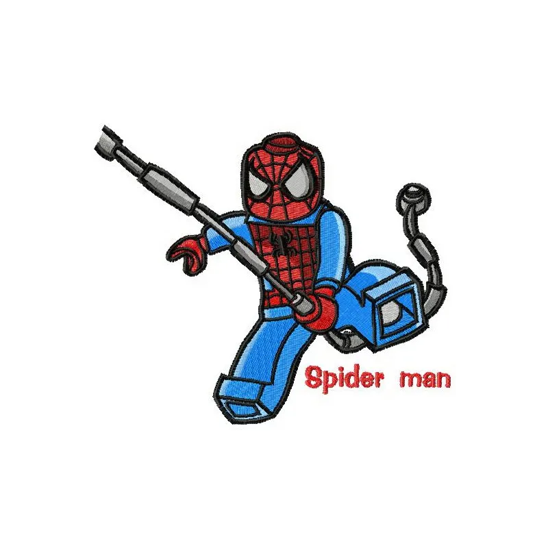 Lego Spiderman embroidery design featuring a playful Spiderman motif ready for stitching on various fabrics.