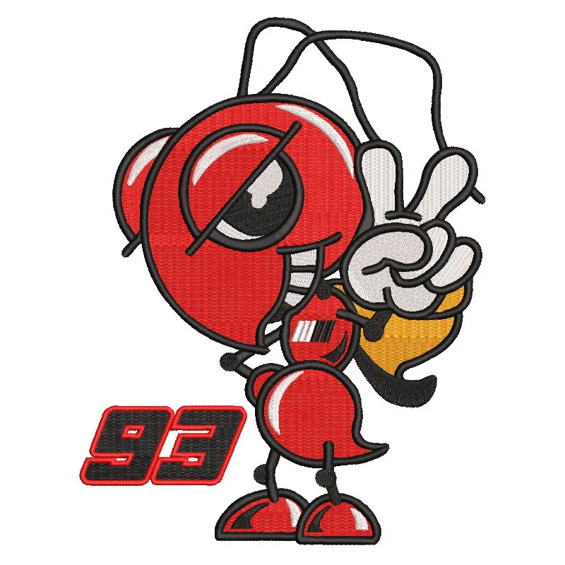 Embroidery design preview of the Marc Marquez Hormiga logo for auto and moto enthusiasts.